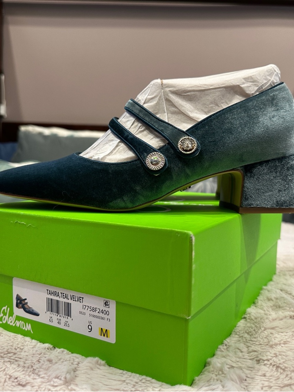 Sam Edelman Teal Velvet Double-Strap Block Heels, Size 9, NIB